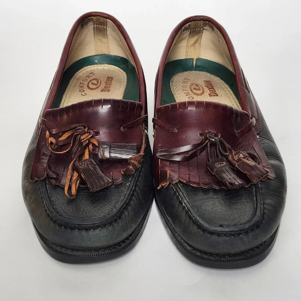 Vintage Dexter Two Tone Kiltie Tassel Loafers Oxblood Green Leather USA 11M